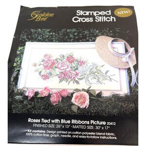 Golden Bee Stamped Cross Stitch Kit Roses Tied With Blue Ribbons Picture 26" X 1